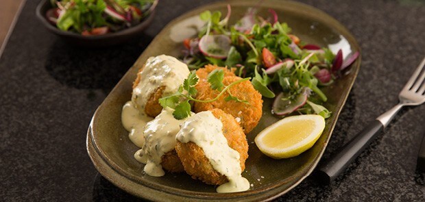 Trout Fishcakes Served With Jalapeño & Coriander Hollandaise Sauce