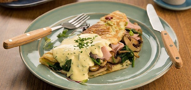Mushroom and Spinach Omelet with Shaved Ham and Chive Hollandaise