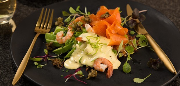 Potato Cakes with Smoked Salmon, Prawn and Avo Drizzled with Maltaise Sauce