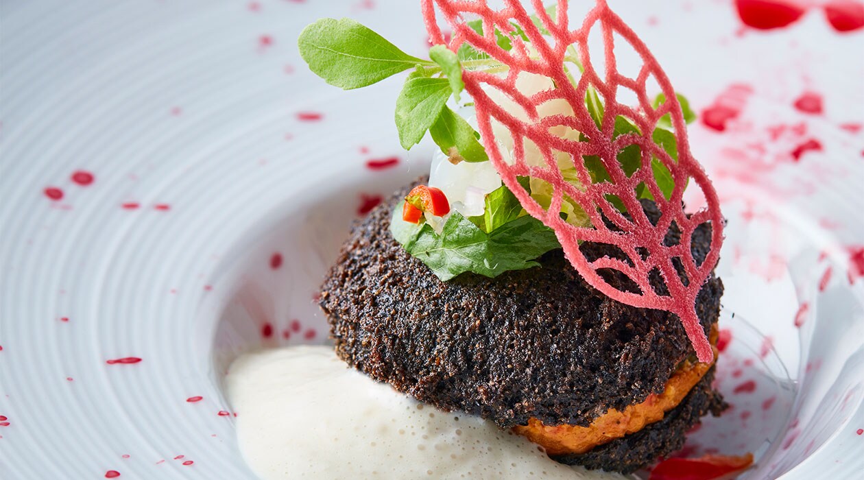 Black Bean Falafel Macaron with Creamy Makdous