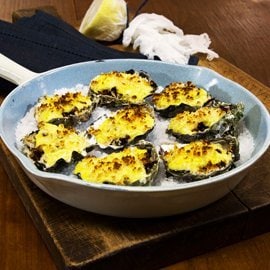 Baked Dijon Mustard Oysters with Smoked Cured Beef