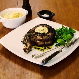 Rib-eye Steak, Mustard butter with Watercress & Garlic Mash Rib-eye Steak, Mustard butter with Watercress & Garlic Mash
