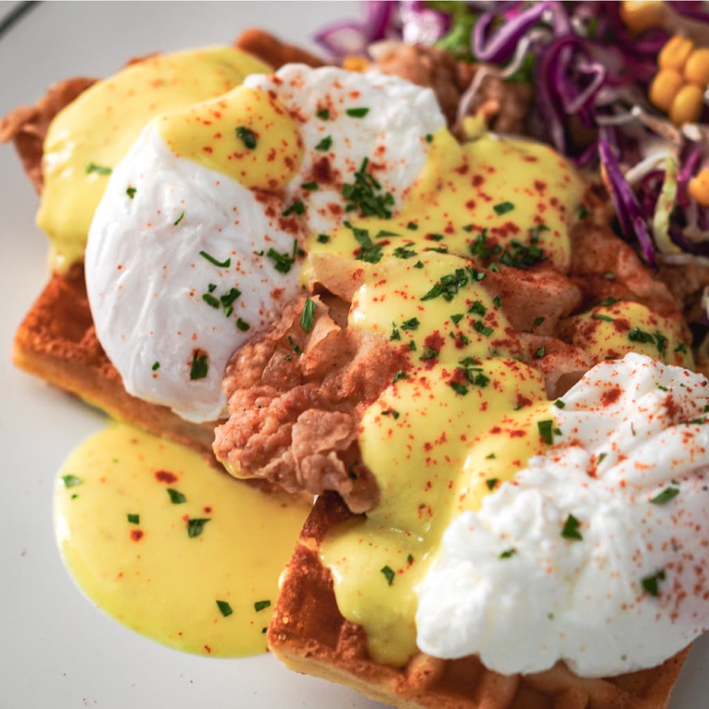 Chicken & Waffles Benedict with Mustard Hollandaise Chicken & Waffles Benedict with Mustard Hollandaise