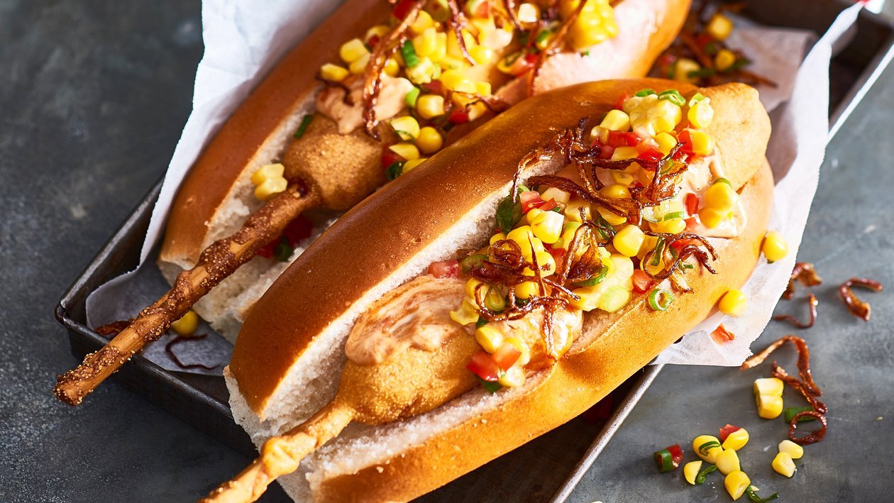Chipotle Corn Dawgs, Salsa and Tobacco Onions Chipotle Corn Dawgs, Salsa and Tobacco Onions